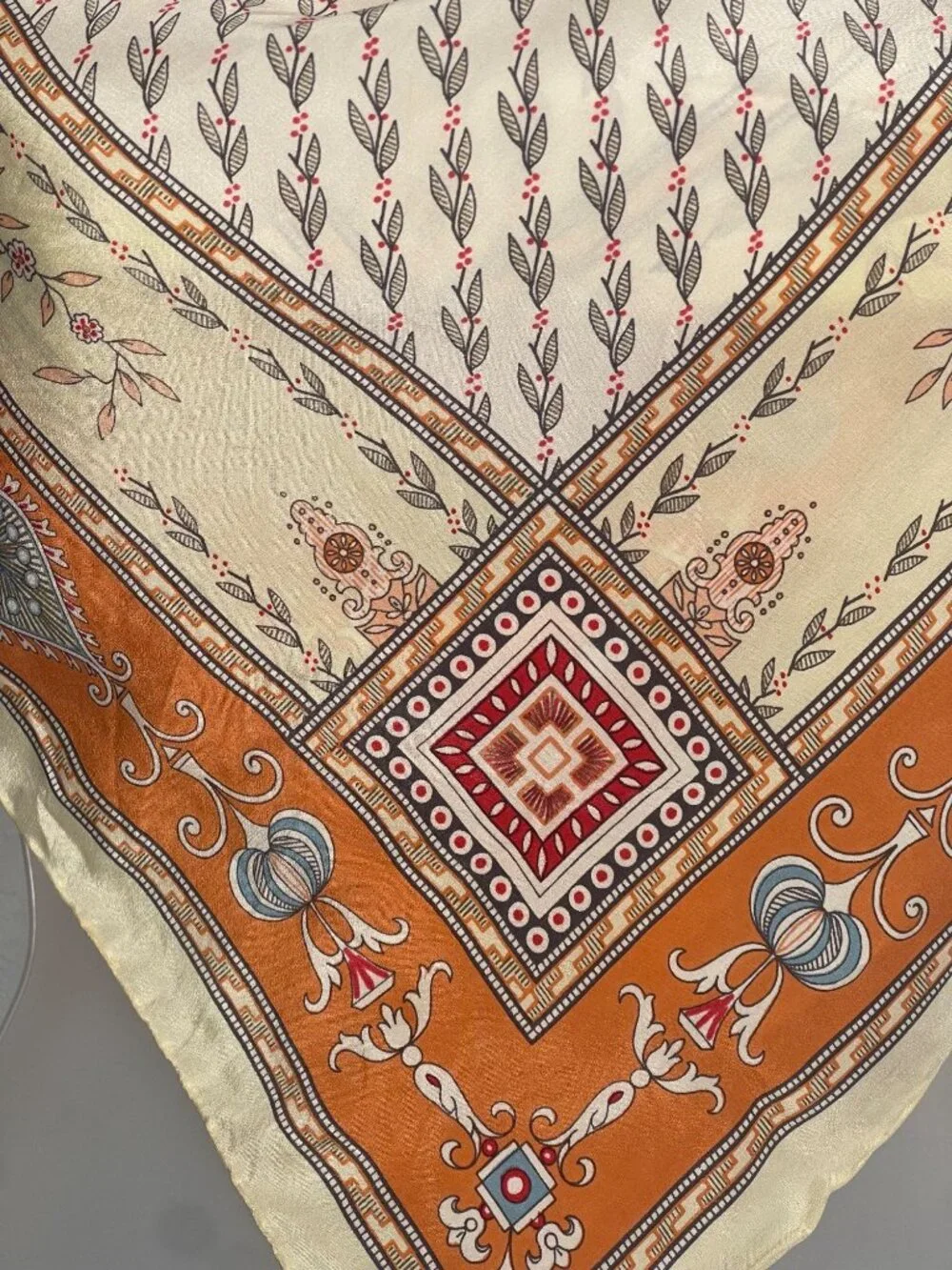 Vintage Chloé Silk Square Scarf Orange Beige Red Floral Leaf Print France Luxe